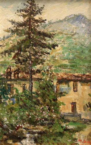 Casa con pino- 43,5x28,5- Olio- Anni '60[0768]