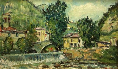 Fiume con cascata- 30,5x50,3- Olio- Anni '60[0769]